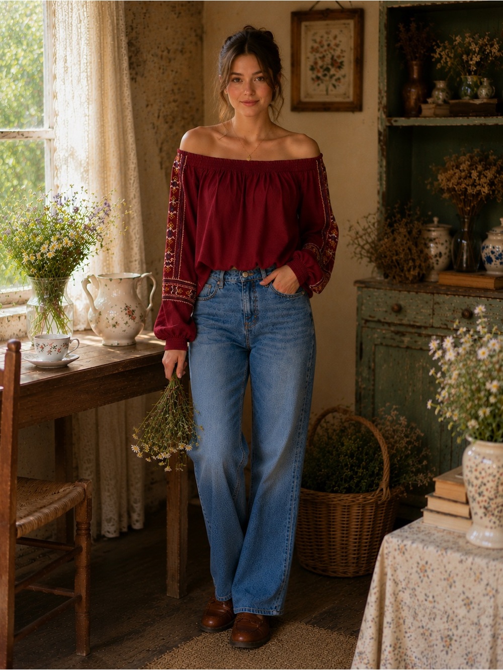Knox Rose Off Shoulder Boho Embroidered Peasant Top Women’s Small Burgundy